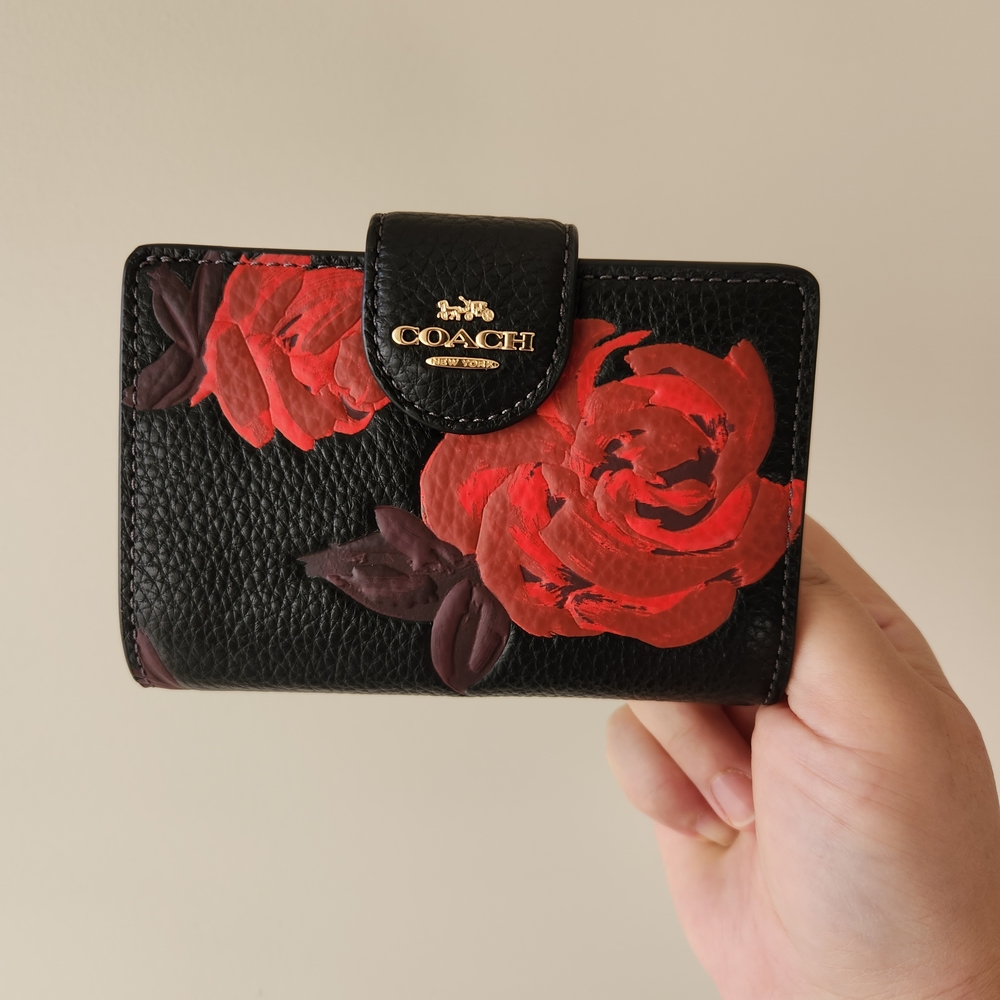 Coach Black Wallet with Red Floral Design